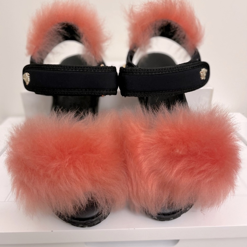 Young Versace Girls Sandals•Navy Blue with Pink Fur•Velcro adjustable Strap•